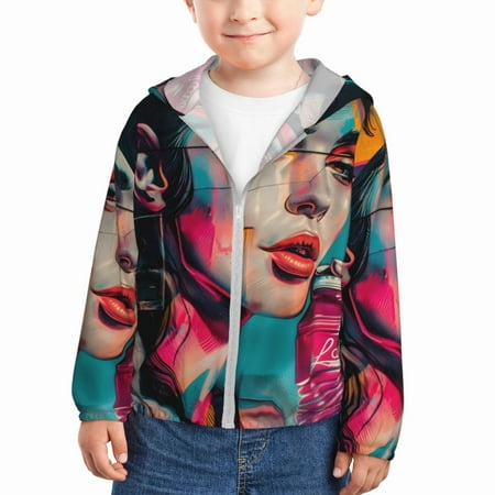 

Qekee Vibrant Street Art Portrait Print UPF 50+ Kids Sun-Protective Hooded Long Sleeve Rash Guard for Fishing Water Beach Sports -2 Years