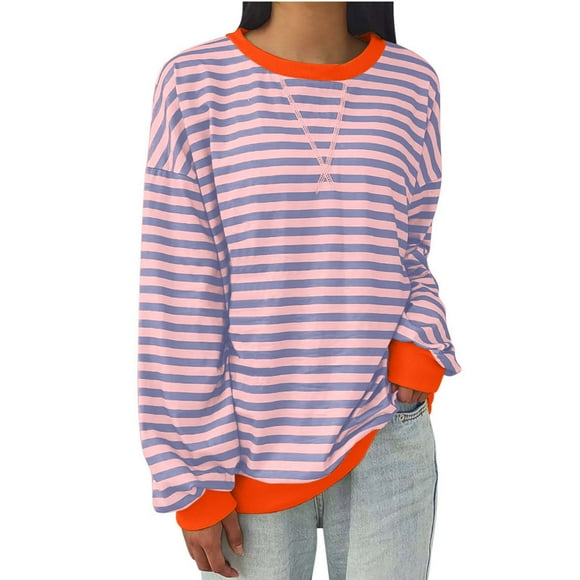 Jsaierl Oversized Sweatshirts for Women Loose Fit Striped Crewneck Sweatshirt Long Sleeve Stretch Fall Pullover Drop Shoulder Plus Size Tops