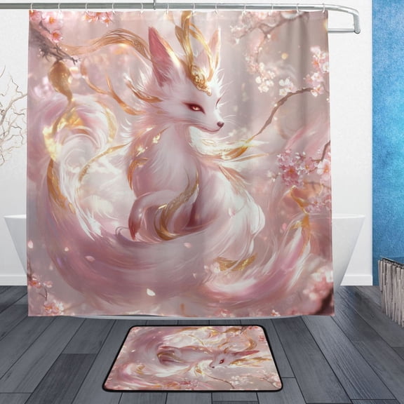 BZSMCE Shower Curtain and Bath Accessory Set,Pink Flower-adorned Fox Pattern