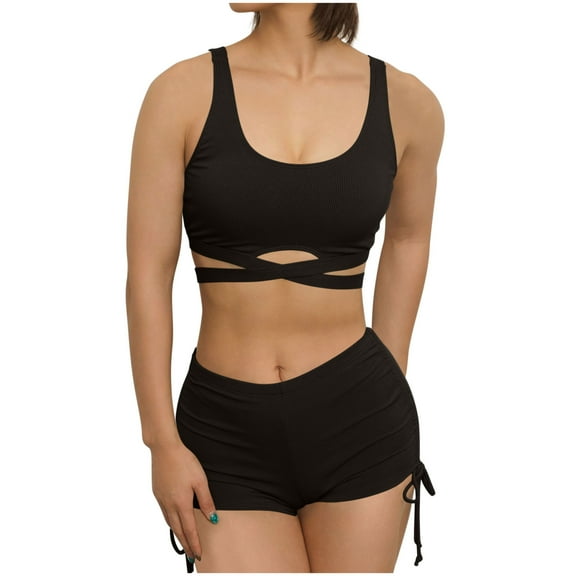 Bigersell Womens Sports Swimsuits with Boy Shorts, Trendy Front Wrap Ribbed Crop Tops Bikini Sets, High Waist Two Piece Swimsuits Tie Back Bathing Suits Swimwear for Beach & Pool Black M
