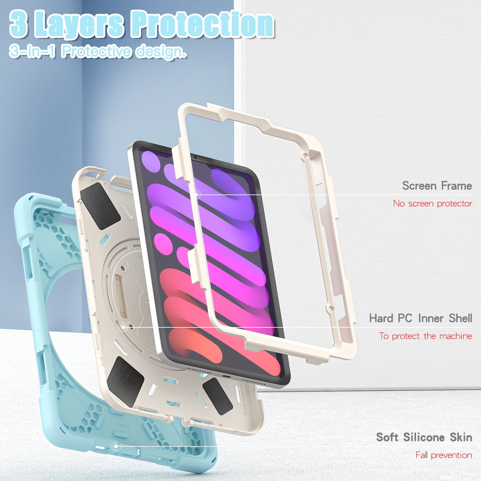 Portable Rugged Case for 2021 Apple iPad Mini 8.3" (6th Generation 2021 Release) - Rotating Stand Case with Adjustable Hand/Shoulder Strap, Built-in Pencil Holder, Shockproof Hard Cover (Light Blue)