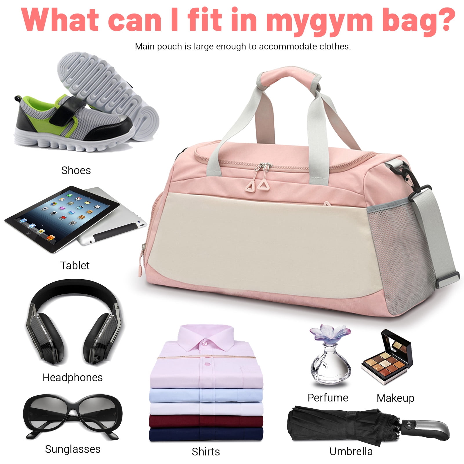 Sports Gym Bag with Wet Pocket & Shoe Compartment, Waterproof Travel Duffel Bags for Women Men, Weekender Carry on Overnight Tote Workout Bag for Yoga Swimming Hospital (Pink)