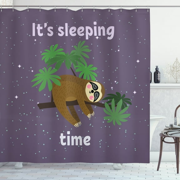 Ambesonne Sloth Shower Curtain, Sleeping Time Wording Cartoon, 69"Wx70"L, Plum Brown Green
