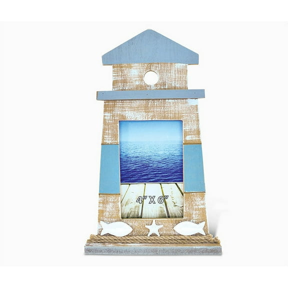 CoTa Global Nautical Lighthouse Shape 4x6 Frame - Distressed Wood Lighthouse Photo Frame, Handmade Lighthouse Nautical Picture Frame for Tabletop or Wall Hang - 12.25 Inches
