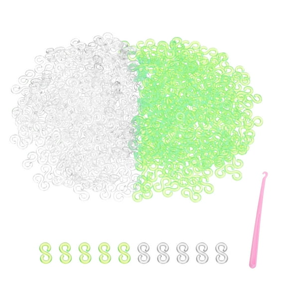 Uxcell S Clips for Loom Bracelets, Rubber Band Bracelet Clip Clear Plastic Connectors Refills Kit with Pink Crochet Hook for Loom Bracelets Making DIY(Green/White, Pack of 1000)