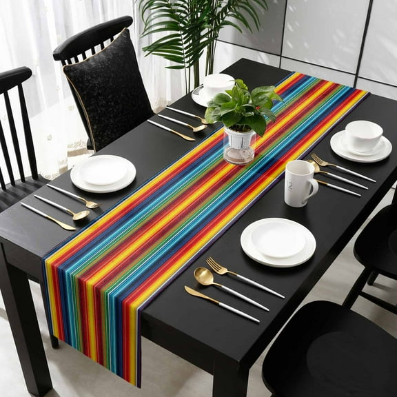 Abstract Vertical Striped Cotton Linen Small Table Runner 13 x 36 inch Colorful Rainbow Stripes Retro Non-slip Rectangular Dining Table Decor for Wedding Party Holiday Dinner