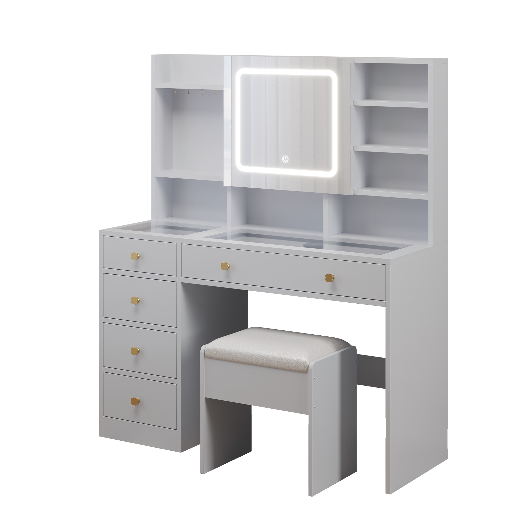 5-Drawer Dressing Table Set with Shelves and Hooks Dressing Table with Power Strip LED Three-Tone Mirror and Tempered Glass Desktop Vanity Set with Textured Melamine Finish 47.24*15.75*53.54in White
