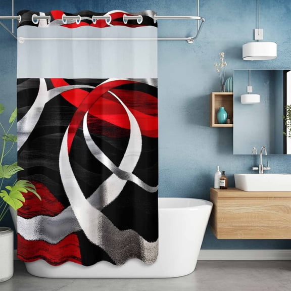 No Hook Shower Curtain with Snap in Liner, Abstract Geometric Stripes Red Black Waterproof Bath Curtain Double Layers with See Through Top Window, Modern Lines Art Hotel Shower Curtains 36x72in