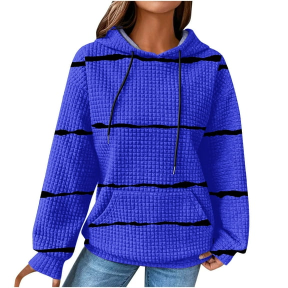 IROINNID Hoodie for Women Stripe Long Sleeve Drawstring Hoodie Casual Waffle Pullover Tops,Blue