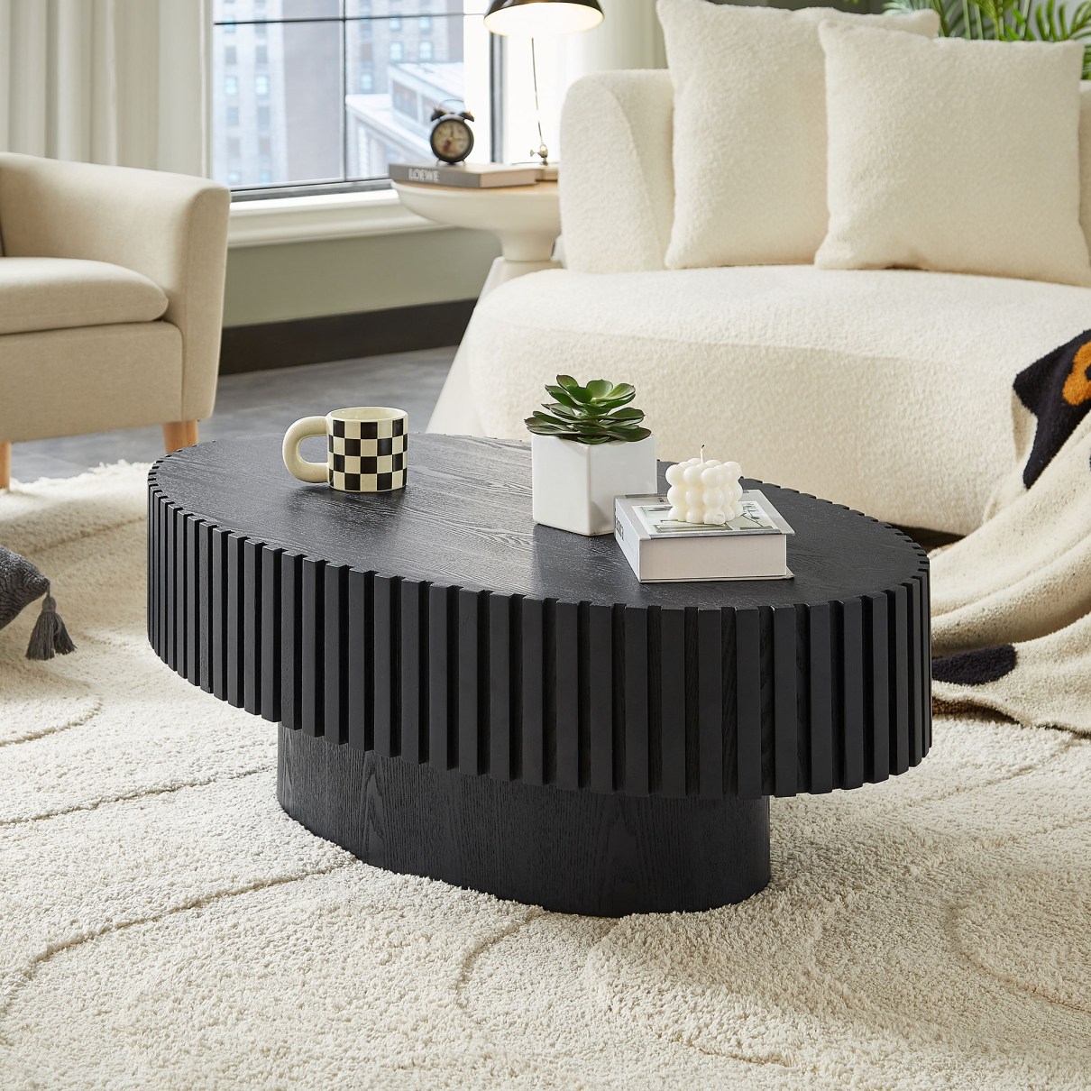 44" Oak Wood Coffee Table, Handcraft Drum Fluted Accent Table, Contemporary Center Table with Sturdy Pedestal for Living Room, Black
