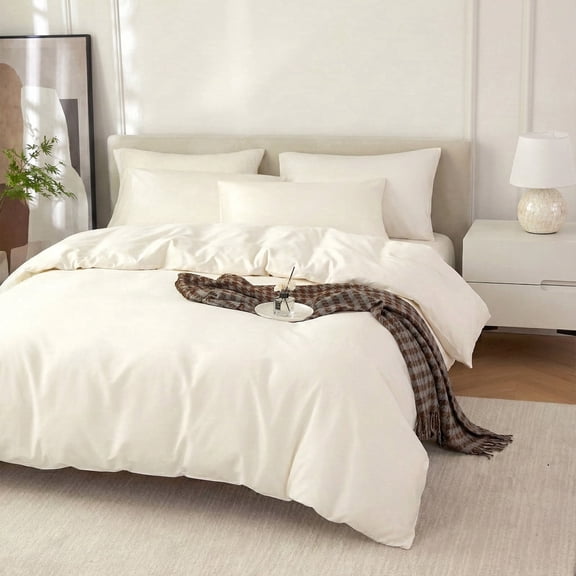 Premium 100% Cotton Duvet Cover Set, Soft Breathable Bedding with Zipper Closure (3 Pieces), Cream White, King