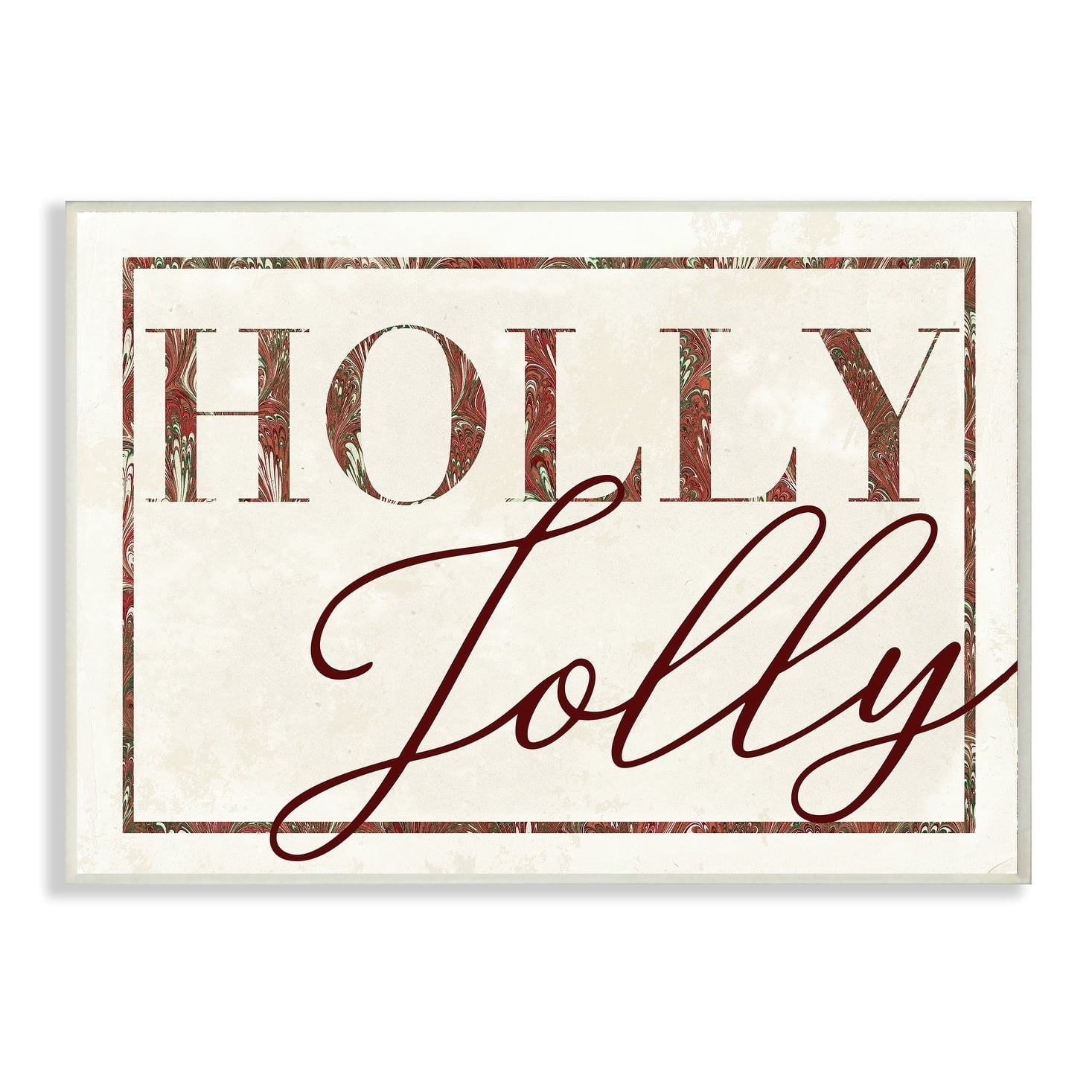The Stupell Home Decor Collection Holiday Red and Green Marbled Paper Holly Jolly Seasonal Typography Wall Plaque Art, 10 x 0.5 x 15