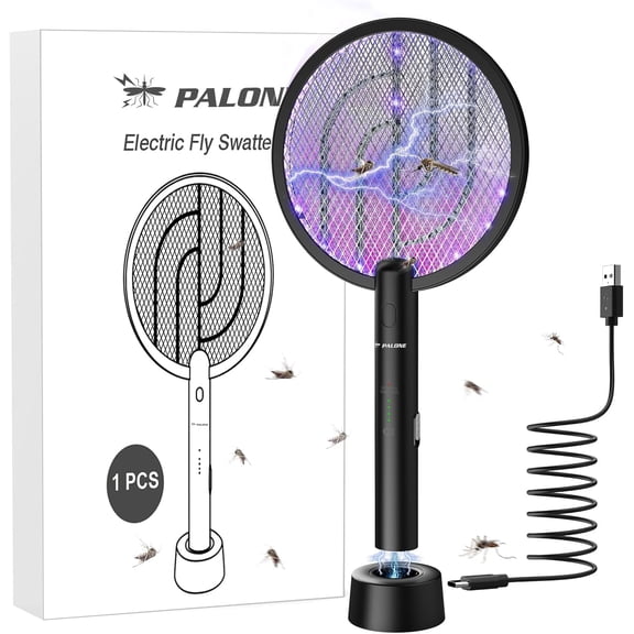 Electric Fly Swatter 4000V Bug Zapper Racket 2 in 1 Fly Swatter with 1200mAh Battery Rechargeable Mosquito Killer Lamp with 3 Layers Safety Mesh for Indoor and Outdoor (Black)