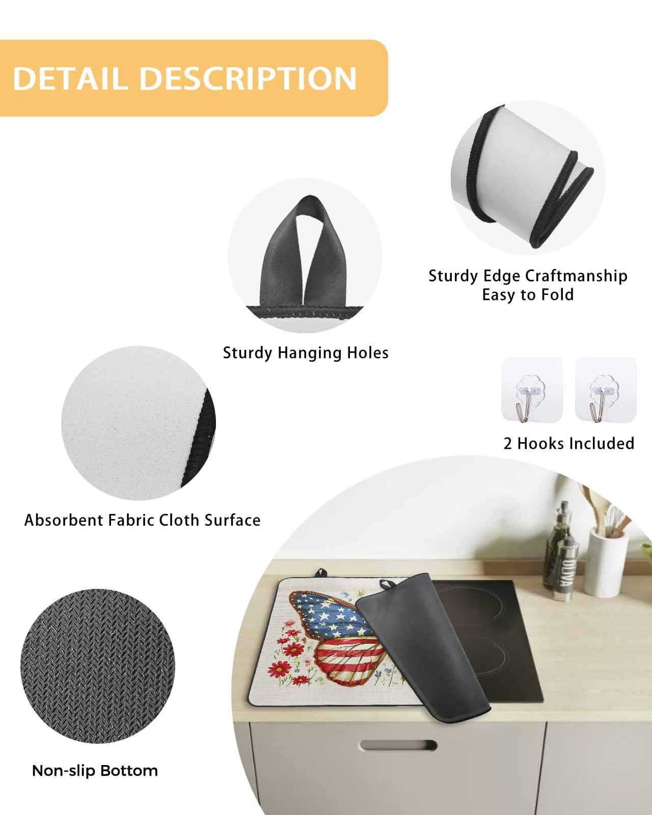 nqOlkjepod Large Induction Cooktop Protector Mat 24"x21", 4th of July Stove Top Covers for Electric Stove, Independence Day Butterfly Botanical Stove Burner Cover Mats, Glass Top Stove Cover