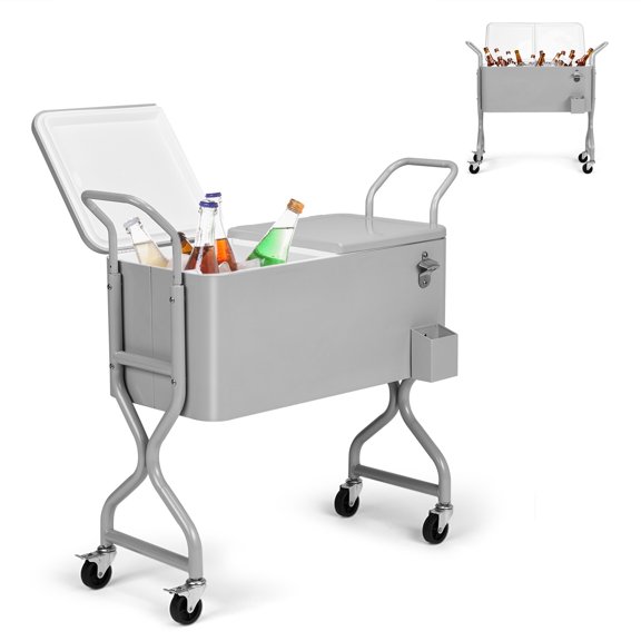 LINJH Outdoor 80QT Rolling Patio with Steel Party Cooler Cart Ice Chest Frozen Trolley