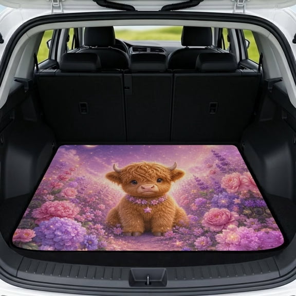 DISNIMO Car Cargo Mat Highland Cow Flower Print Heavy Duty Trunk Liner Washable Cargo Protector Universal Protective Mat for SUV Truck Sedan Vehicles
