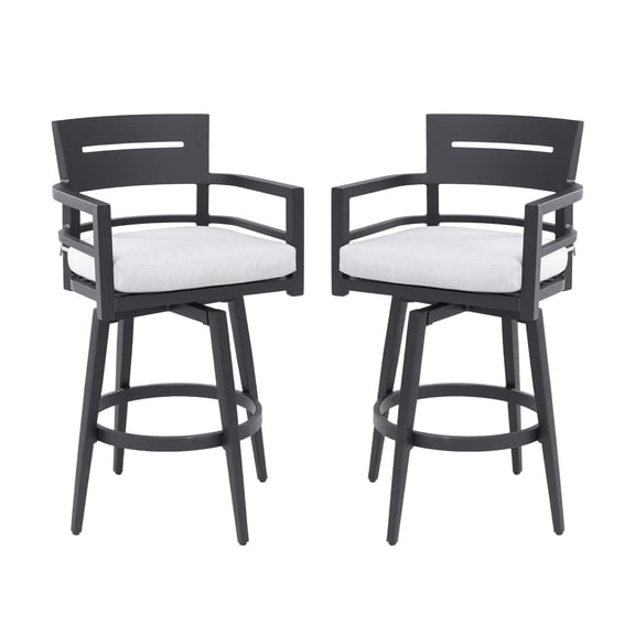 Lisonu Modern Outdoor Swivel Bar Chairs Set of 2, 360 Degree Rotation, Aluminum Frame in Ember Black, with Ergonomic Backrest, Armrests & Sunbrella Cushions, Weather-Resistant