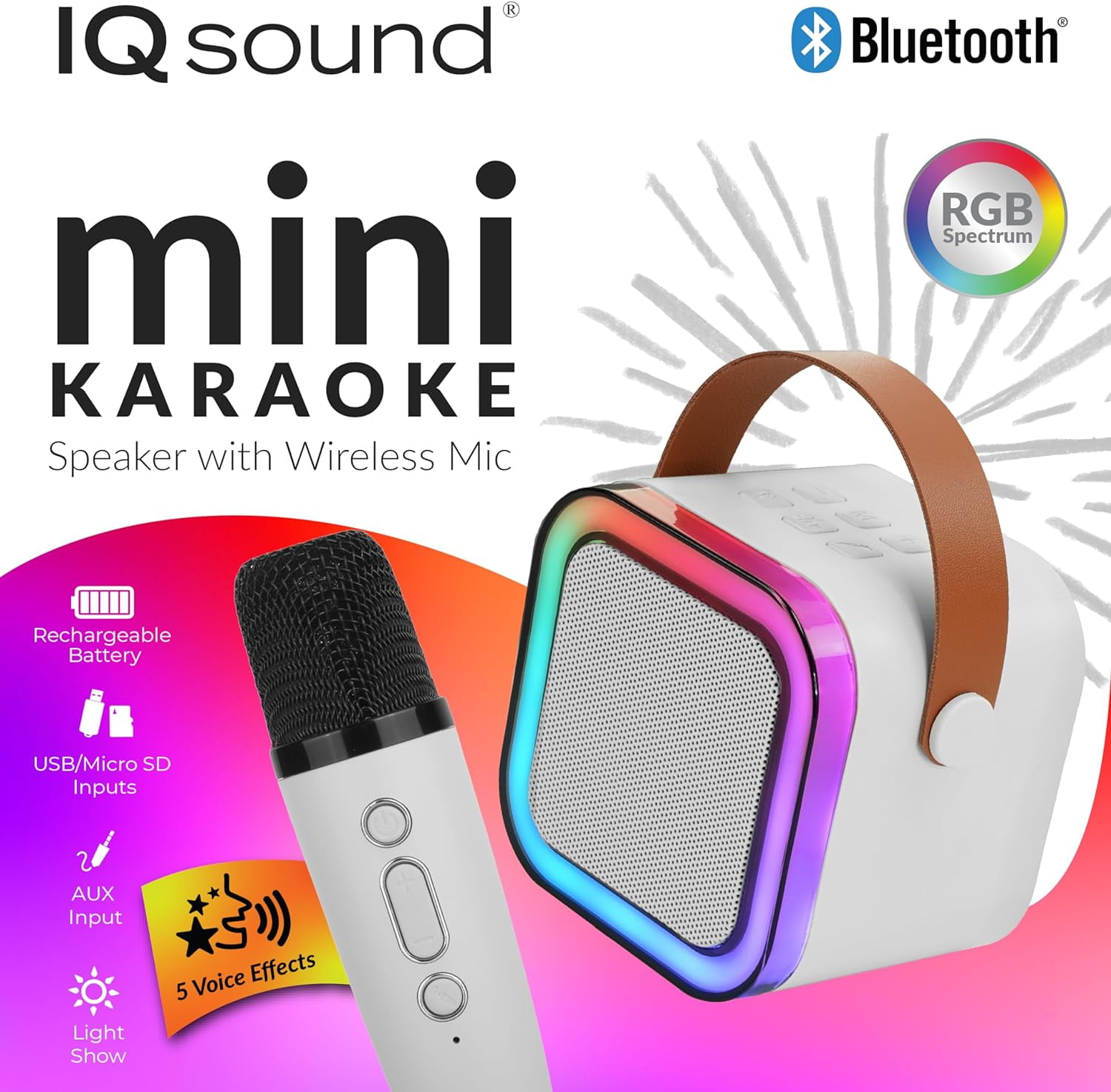 IQ Sound Mini Karaoke Bluetooth Speaker Wireless Microphone, RGB Lights, Voice Effects IQ-708K White