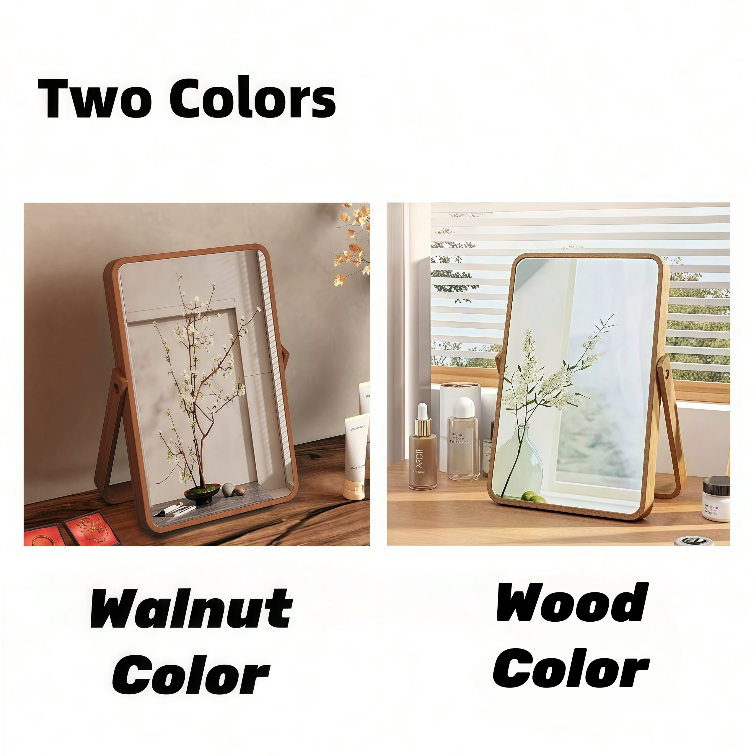 Natural Bamboo Mirror Vintage Wood Table Vanity Makeup Mirror Rectangle Standing 360 Degree Rotation Desk Mirror Decor for Living Room, Bedroom, Entryway