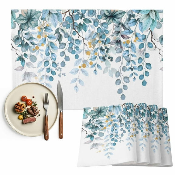 Placemats Set of 6, Teal Blue Eucalyptus Leaves Place Mats Berry Branch Nature Plant Tablemats Washable Placemat Table Decoration for Kitchen Table Dinner Party Home Decor Indoor Outdoor 13x19 Inch