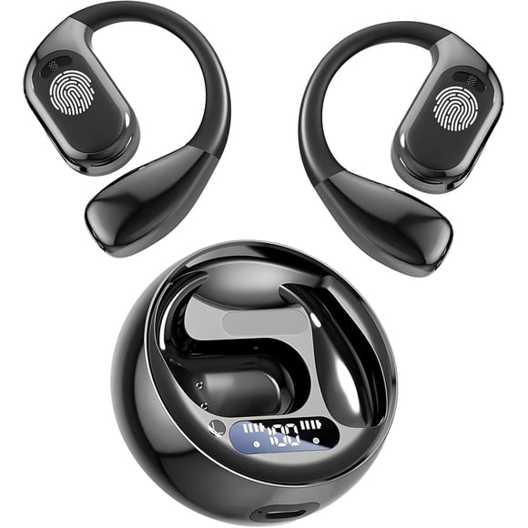 GuDoQi Audifonos Inalambricos Deportivos, Open-Ear Audífonos Bluetooth 5.4, Clip de Oreja, Llamadas de Voz HD, Indicador LED de Batería, para Correr Hacer Ejercicio, Compartimento Redondo, Negro