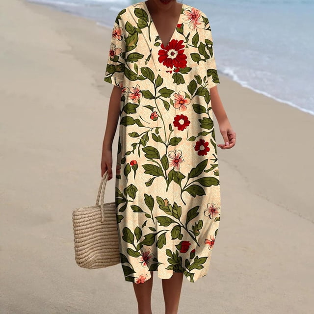 Ovzne Robes pour Femmes Robe de Plage Robes d'Été pour Femmes avec Poches Imprimées Robes Amples à Col en V Manches Courtes Grande Taille Robe Maxi Manches Courtes Imprimée Liquidation