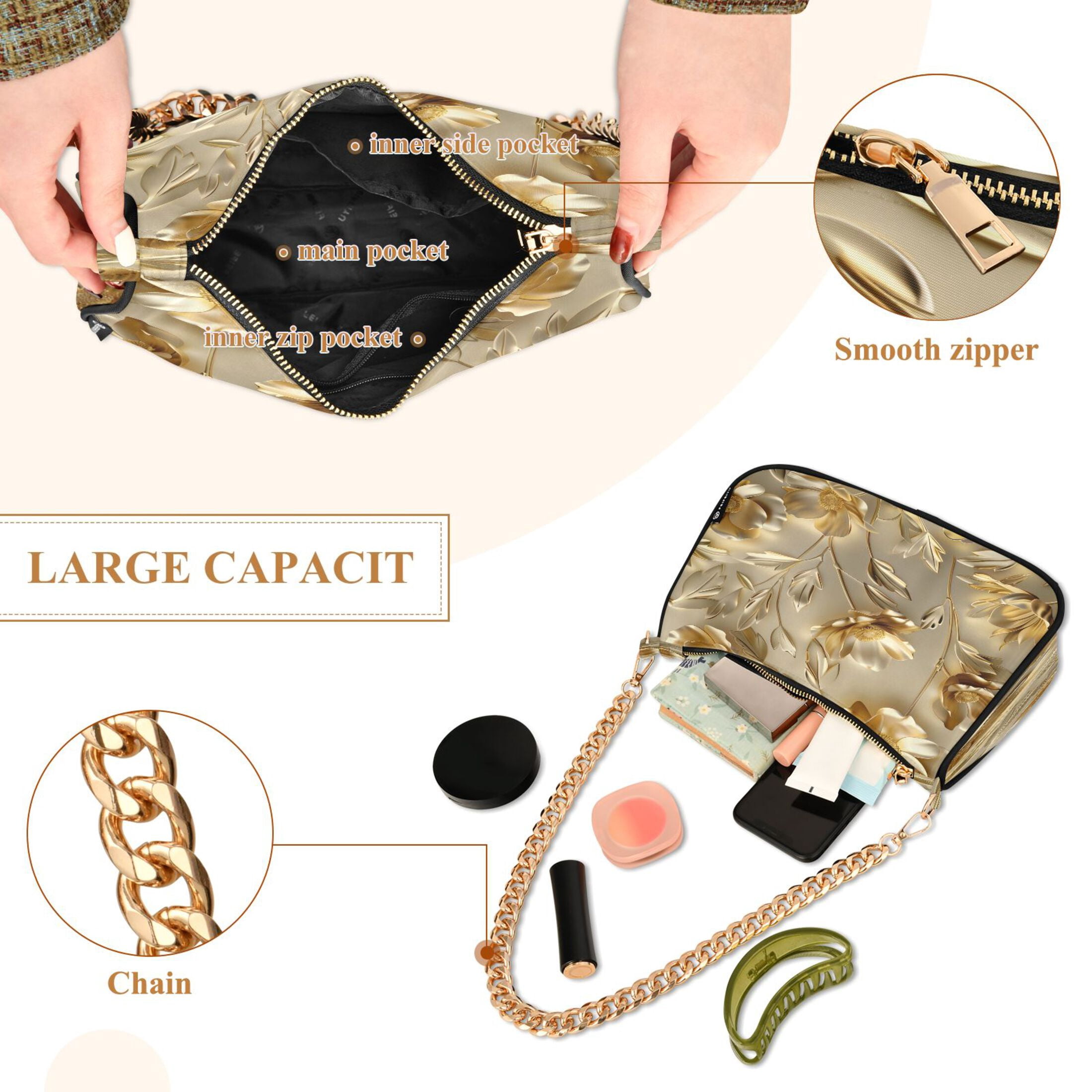 Ryvnso Luxury Gold Flower Womens Chain Shoulder Bag Tote Handbags Clutch Hobo Purse with Zipper for Travel