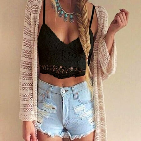 

Tomshoo New Women Crop Top Crochet Lace Deep V Neck Spaghetti Strap Backless Tank Camisole Bralette Black/White