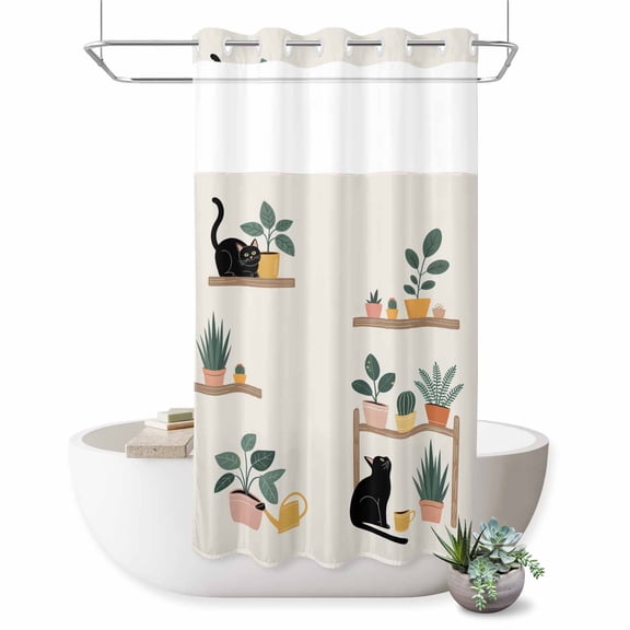 No Hook Shower Curtain, Japanese Shower Curtains for Bathroom with See Through Top Window, Farmhouse Cartoon Cats Green Vegetation Plants Waterproof & Washable Bath Curtain Stand Up Stall 36"x72"