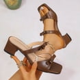 thumbnail image 4 of Xfvqtps Womens Heel Sandals with Bow Mid Block Heel Slip on Open Square Toe Shoes Leather Casual Sandals for Spring Summer Outfit, 4 of 9