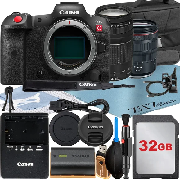 Canon EOS R5 C Mirrorless Cinema Camera with RF 24-105mm Lens + EF 75-300mm + 32GB Memory Card + Case + LED Flash + ZeeTech Accessory Bundle