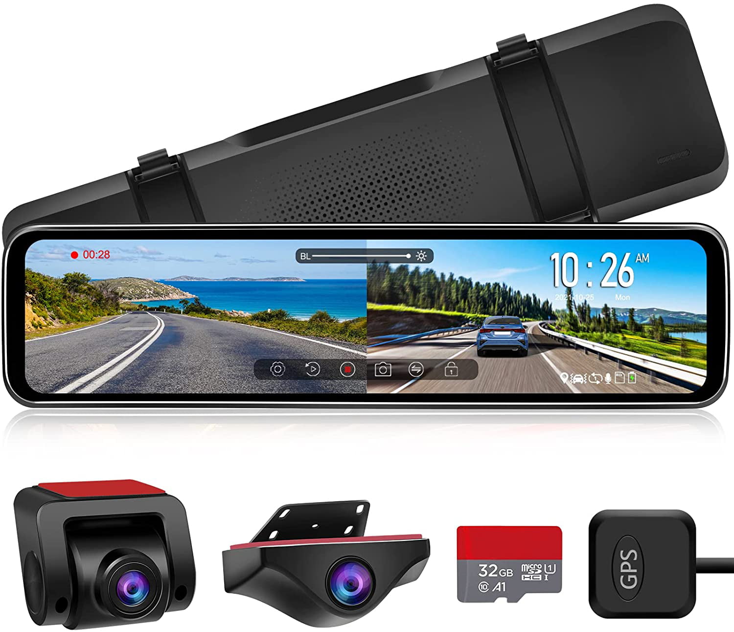 URVOLAX 12Mirror Dash Cam Voice Control,Car Backup Rear View Mirror Camera with Detached Front Lens,1296P Full HD Digital Rearview Dual Split Screen,Night Vision Sony Sensor,Smart Parking Assist,GPS 