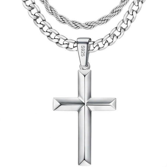 925 Sterling Silver Cross Necklace for Men & Women, 5mm Stainless Steel Diamond-Cut Durable Cuban Link & Rope Chain, Waterproof Layered Crucifix Pendant Necklace with Gift Box 16-30 Inches