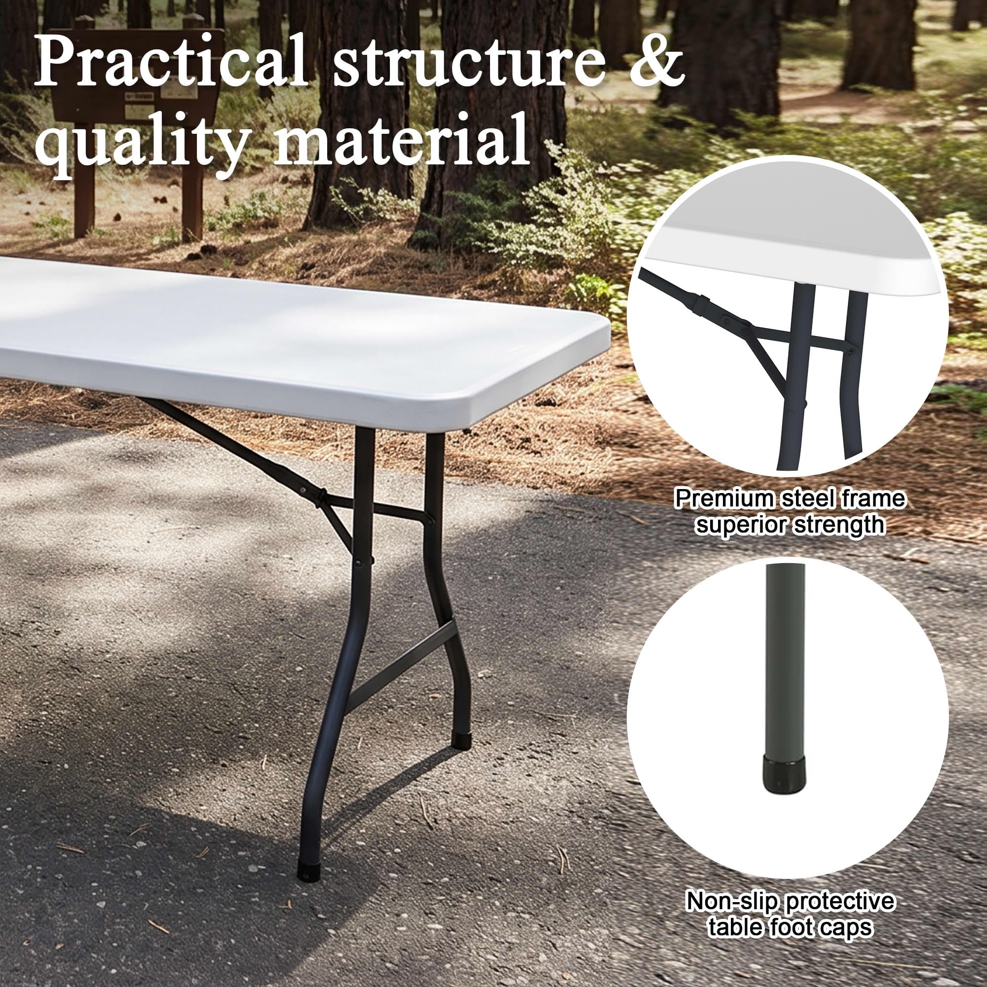 MAYEERTY 8FT White HDPE Non-Fold Top Folding Leg Table, Powder Coated Steel Frame UV Water Resistant Indoor Outdoor Table
