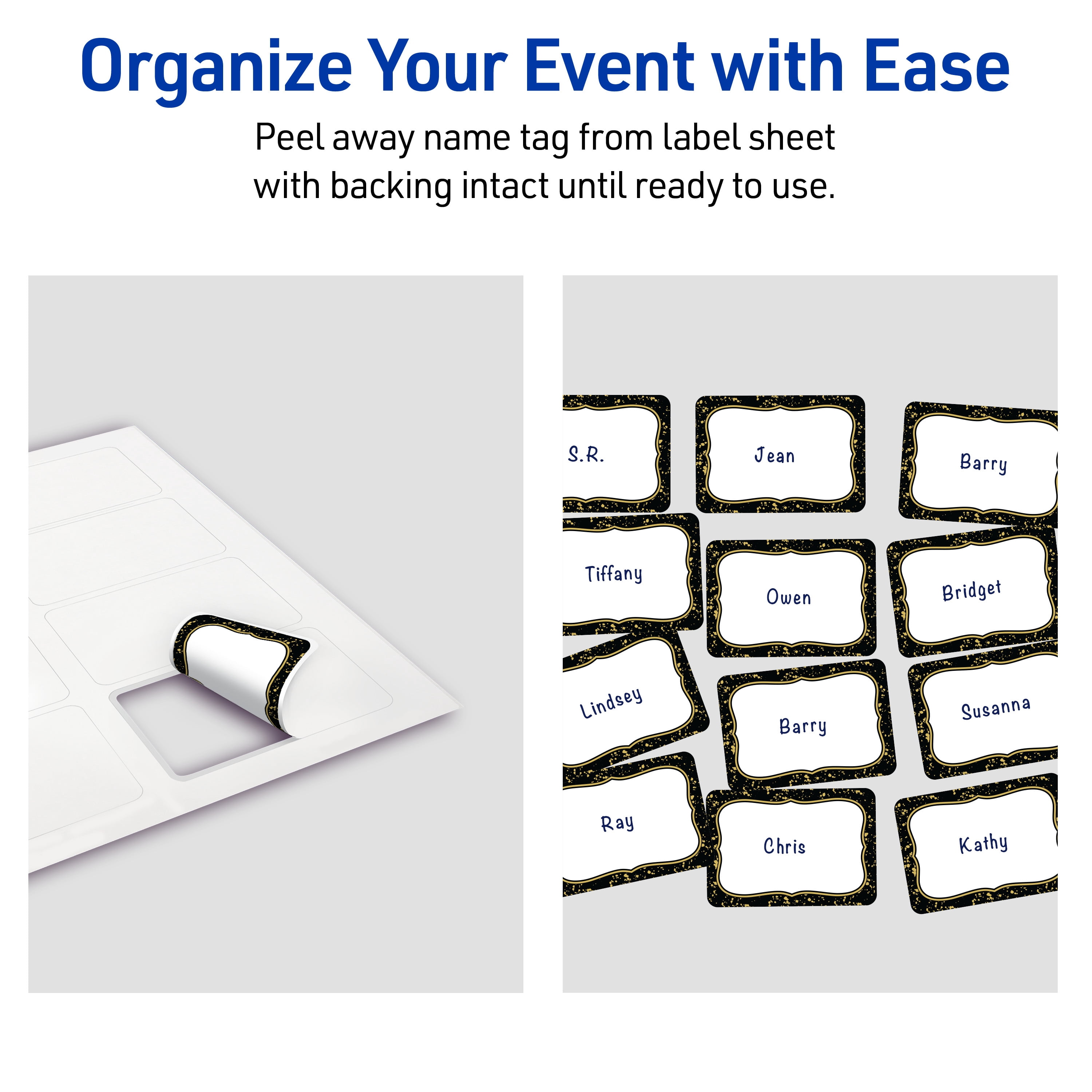 Avery Adhesive Name Tags, Matte White, Black/Gold Specs