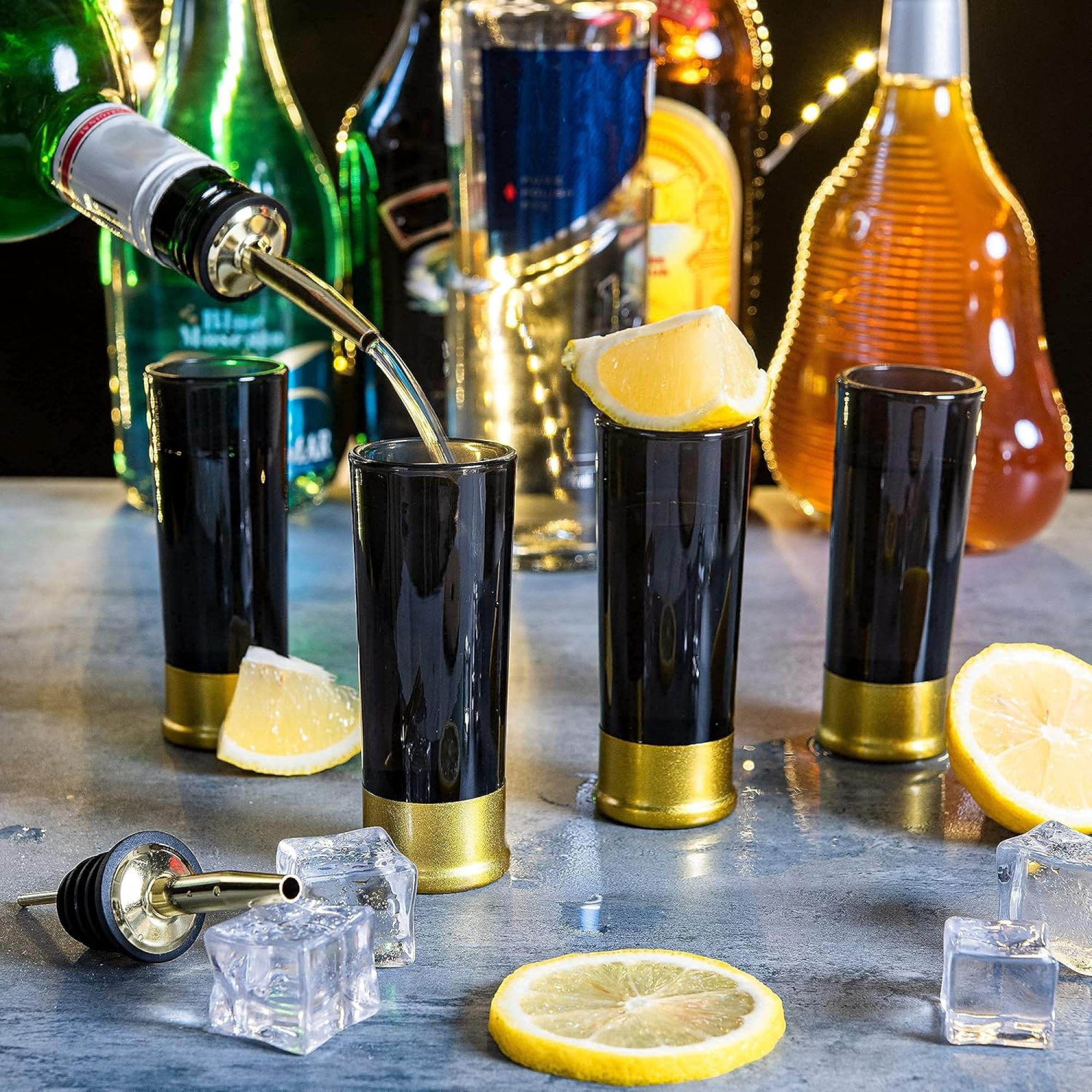 Novelty Shot Glass Set (4 Pack) – Unique Black & Gold Party Bar Glasses, 2 oz