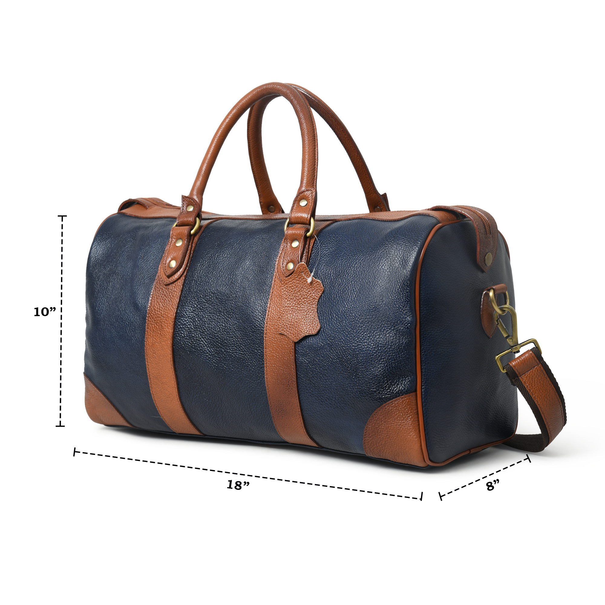 Leather Duffle Weekender Bag 18" – Handmade Soft Cowhide Travel Duffel for Men & Women with Brass Fittings, Navy Blue