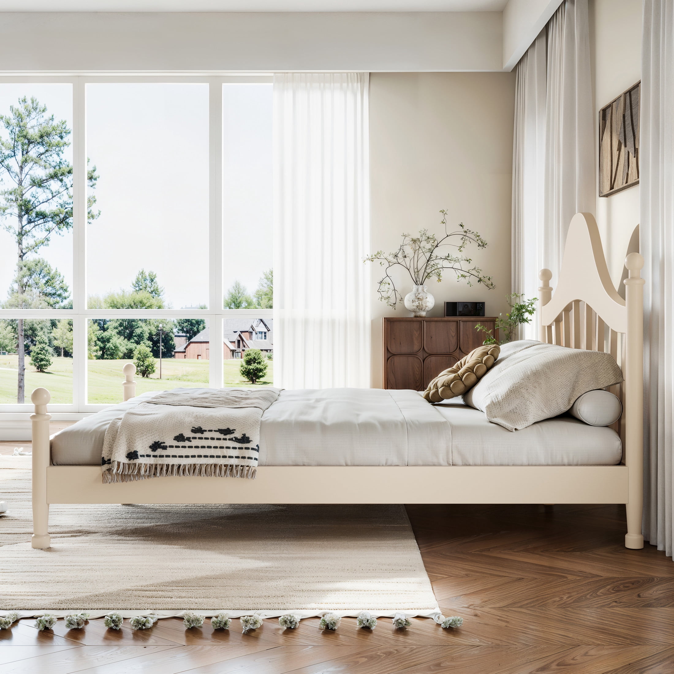 GDF Studio Queen Size Platform Bed with Curved Headboard, Solid Pine Frame, Slatted Support, Beige