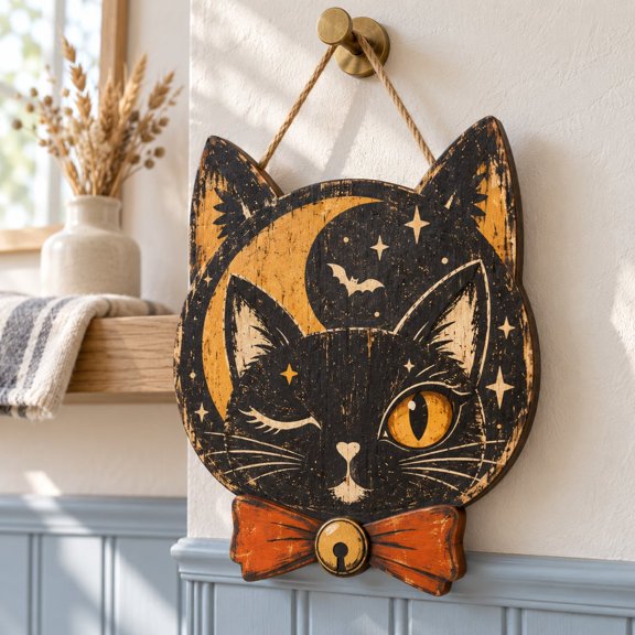 Door Hanger Gothic Black Cat Wooden Wall Decor Halloween