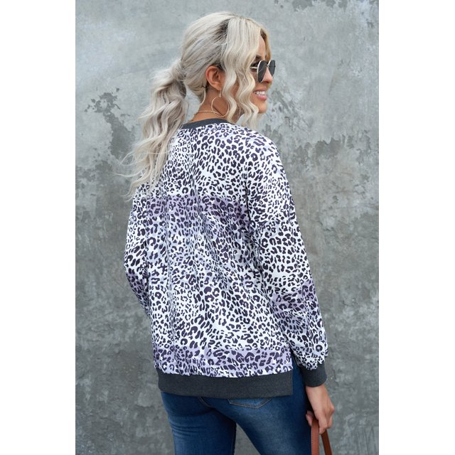 ABPHQTO Top gris con cuello en V y hombros caídos con estampado de leopardo para mujer