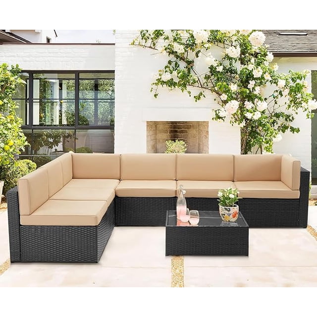 AECOJOY 7 PCS Patio Conversation Set, PE Rattan Wicker Outdoor Sectional Set with Cushions and Coffee Table, Patio Dining Set for Garden in Black Rattan & Beige Cushion