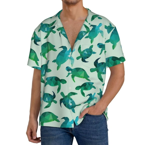 Lsque Green Sea Turtle print Men's Cuban Collar Short Sleeve Shirt Summer Beachwear Casual Button Down Fashionable Vacation Leisure Shirt-XX-Large