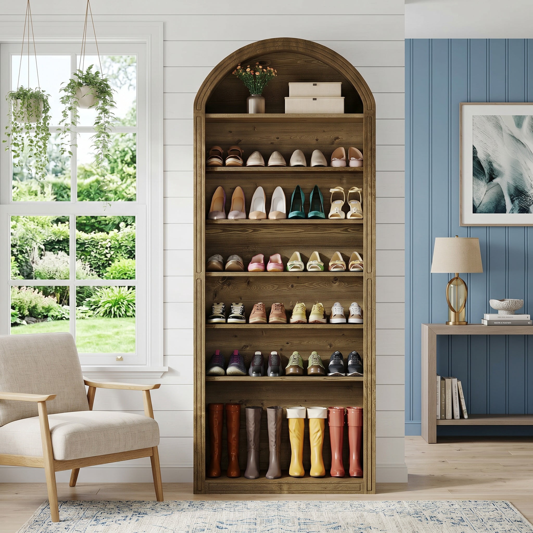 Fnova 79.5" Arched Shoe Storage Cabinet, 8-Tier Wooden Shoe Organizer Rack for 35 Pairs, Adjustable Shelves, Brown