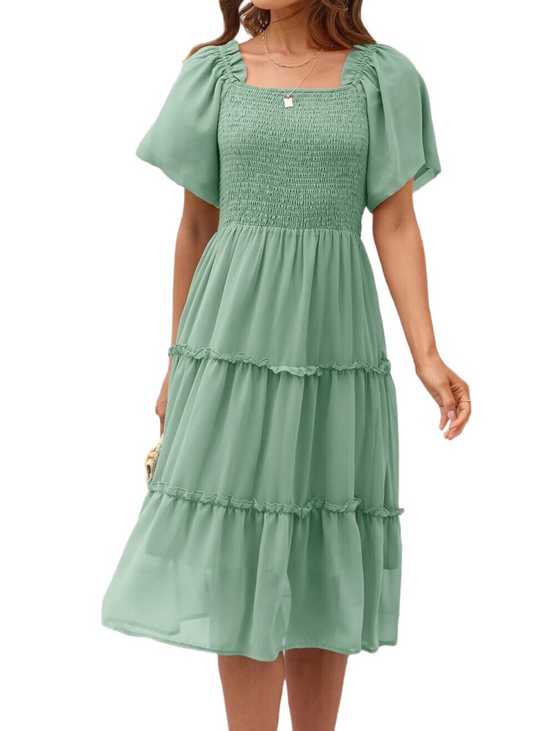 Women'S Summer Casual Flutter Sleeve Square Neck Smocked Midi Dress Green M