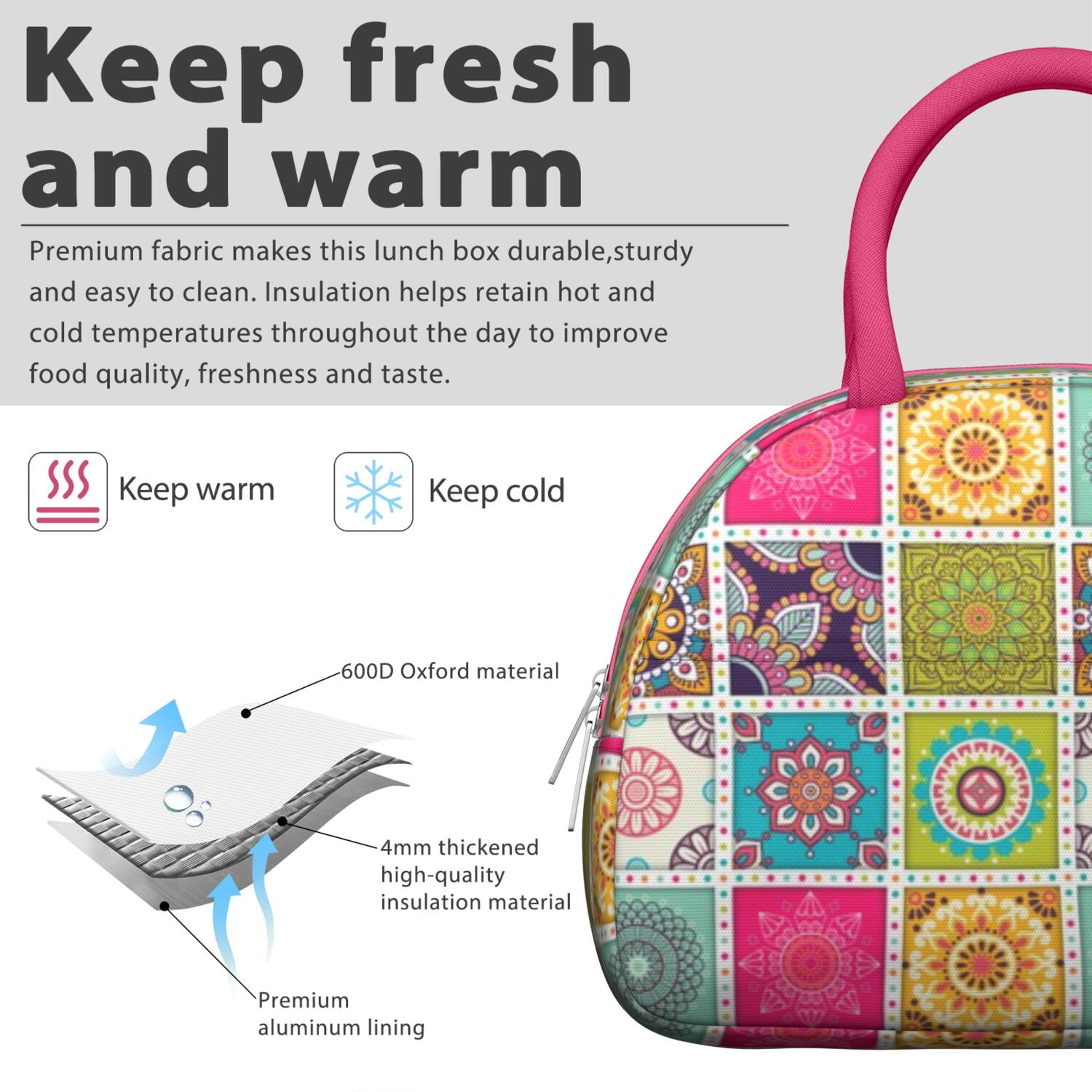 Boho Floral Lunch Bag for Women, Insulated Vintage Lunch Tote with Earthy Tribal Folk Style, Colorful Leakproof Lunch Box for Work, School or Travel