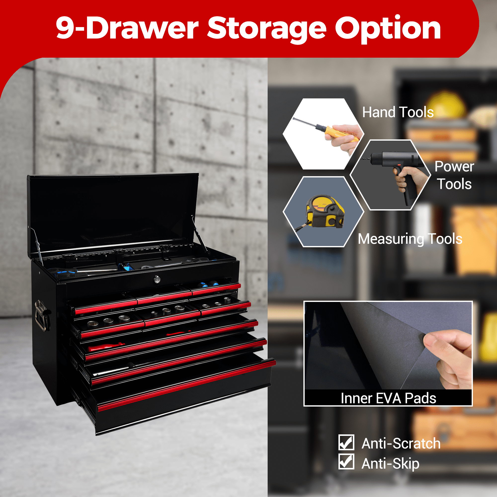 Heavy Duty Metal Tool Box,24 Inch Portable Tool Chest with 9 Drawers, Ball Bearing Slide Drawers with Auto-Locking System, Lockable Top Box Tool Organizer for Garage, Workshop, Truck,Black
