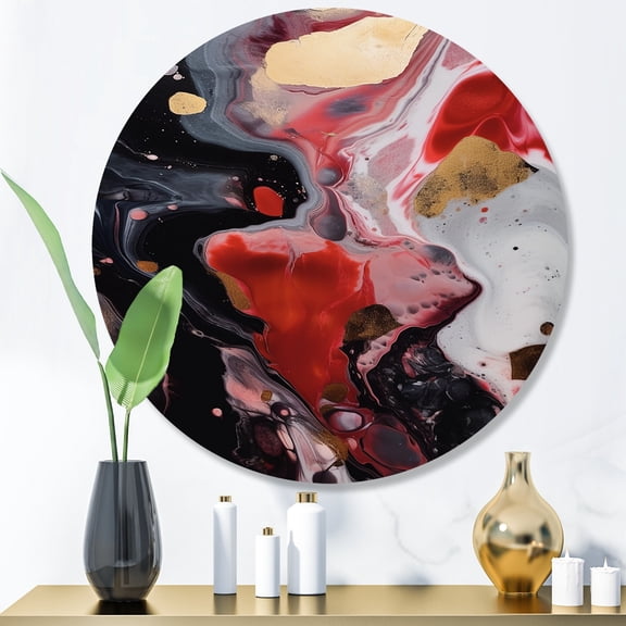 Designart "Infused Marble in Red and Black" Abstract Marble Metal Round Wall Art