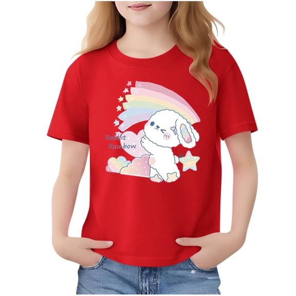 Lopeceal Girls Short Sleeve Graphic T-Shirt Rabbit Rainbow Printed Crew Neck Pullover Tops Cute Sweet Casual Summer Shirt 2-13Y