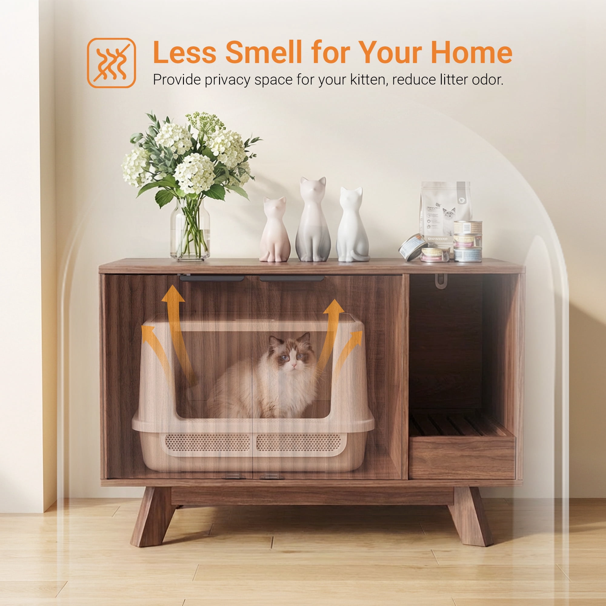 Innovar Modern Cat Litter Box Enclosure - 31.5" Hidden Cat Litter Box Furniture for 2 Cats, Indoors Cats Washroom Cabinet with Divider & Scratching Pad for Most Cat Litter Box,Walnut