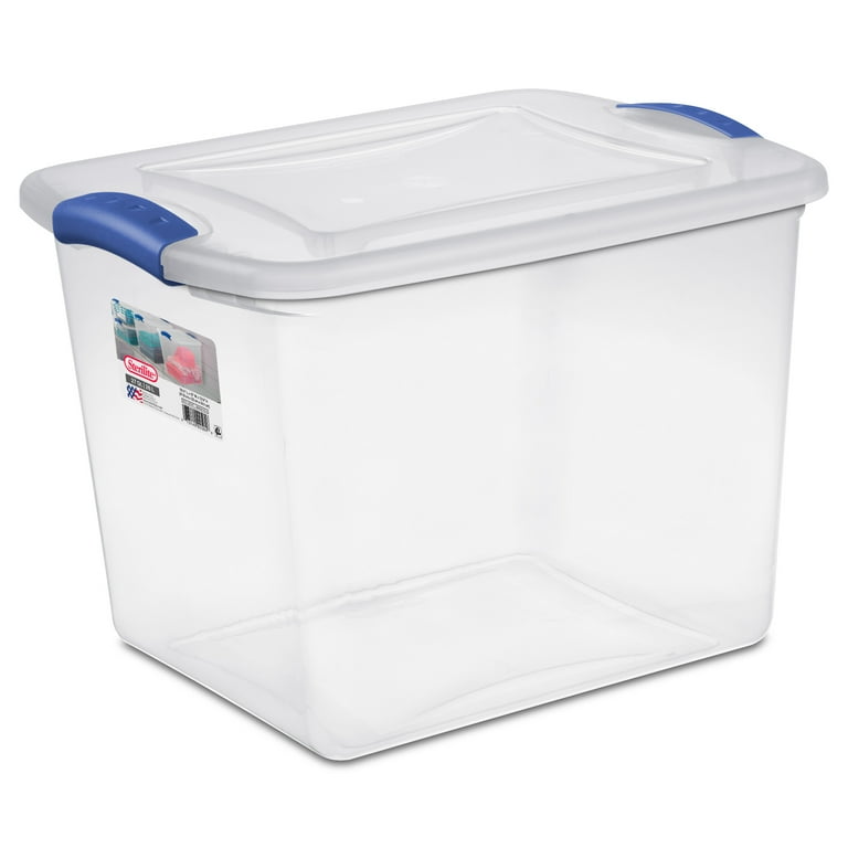 Sterilite 20 Qt. Clear Gasket Storage Box, Blue Latches with Clear Lid.